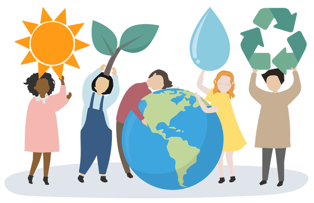 Graphic representation of people holding sun, water, branches gathered around the Earth.